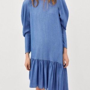 ZARA Asymmetrical Chambray Ruffle Bottom Dress